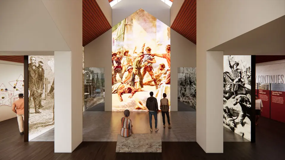 Interior of the Washington-on-the-Brazos museum with towering murals of the Texas independence story